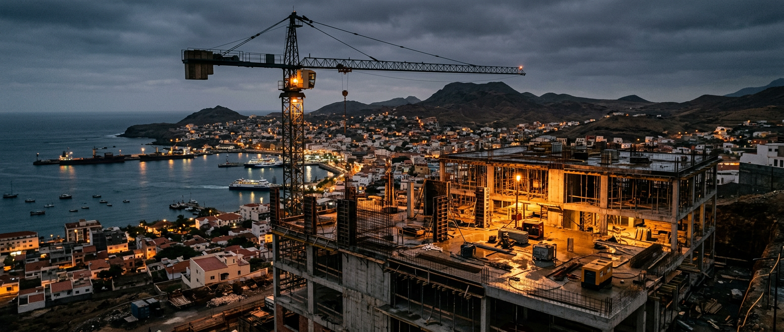Imagem ilustrativa: obra em construção ao entardecer, com uma grua sobre o Mindelo e a baía de São Vicente ao fundo