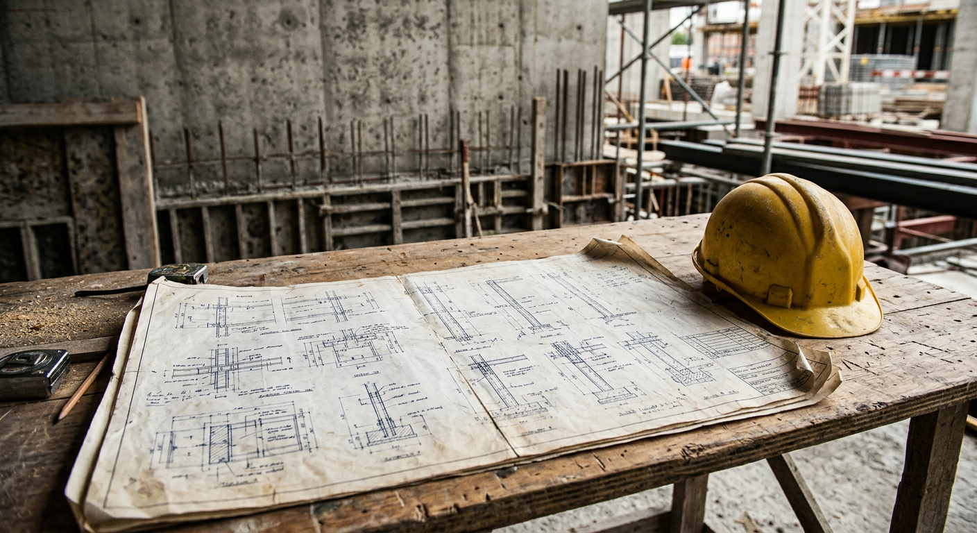Imagem ilustrativa: planta de construção em betão armado e capacete amarelo sobre uma mesa de obra