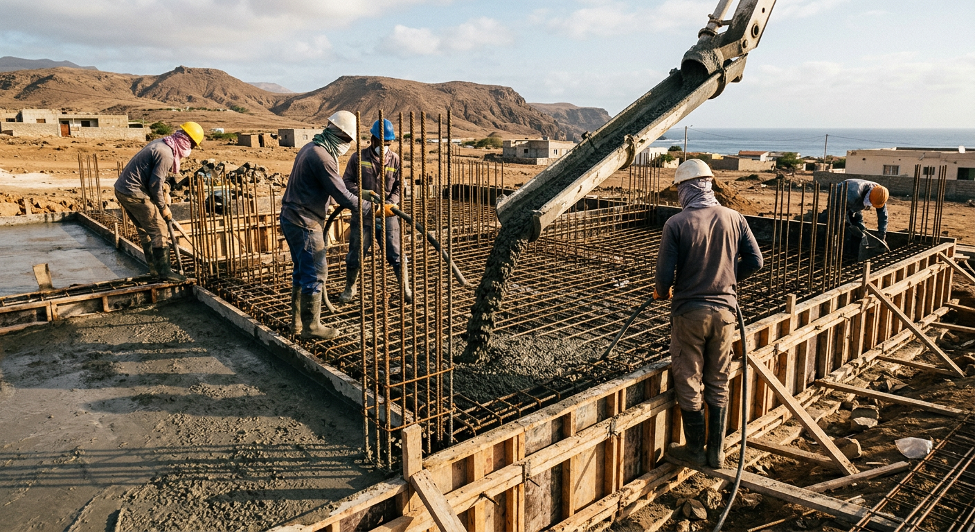 Imagem ilustrativa: equipa a betonar uma fundação em obra, junto ao mar