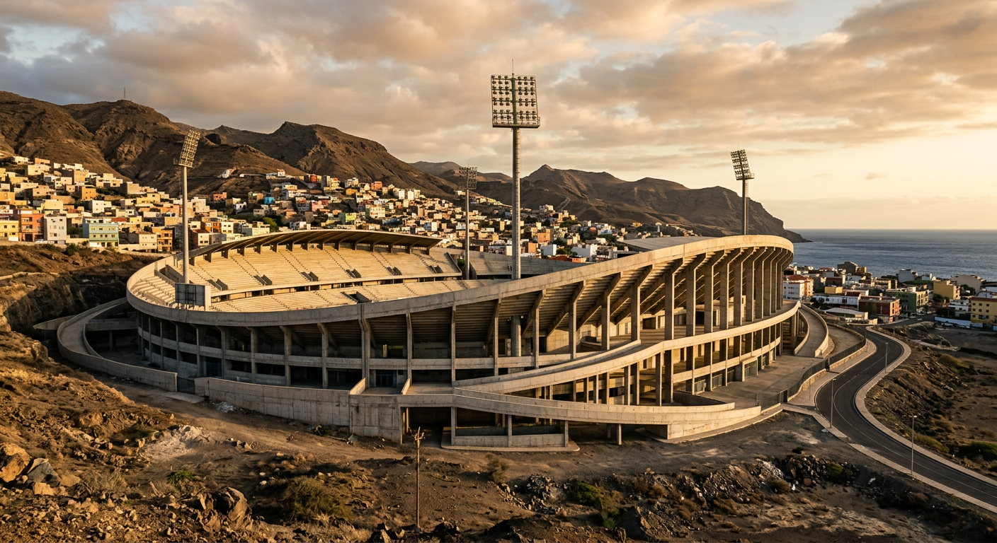 Imagem ilustrativa: estrutura de betão em anel sobre as colinas de São Vicente, a representar o Estádio Adérito Sena