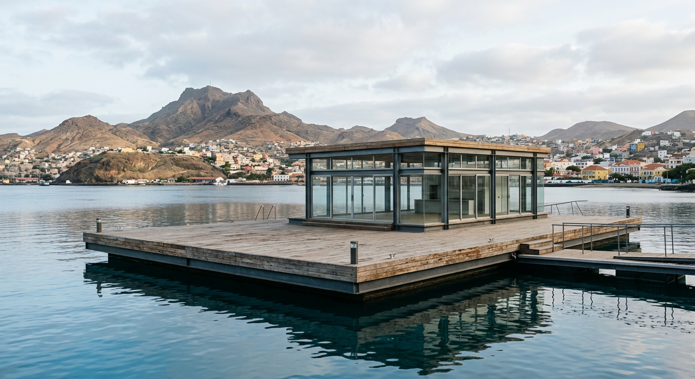 Imagem ilustrativa: pavilhão envidraçado sobre uma plataforma flutuante na baía do Mindelo, a representar a Mansa Floating Hub